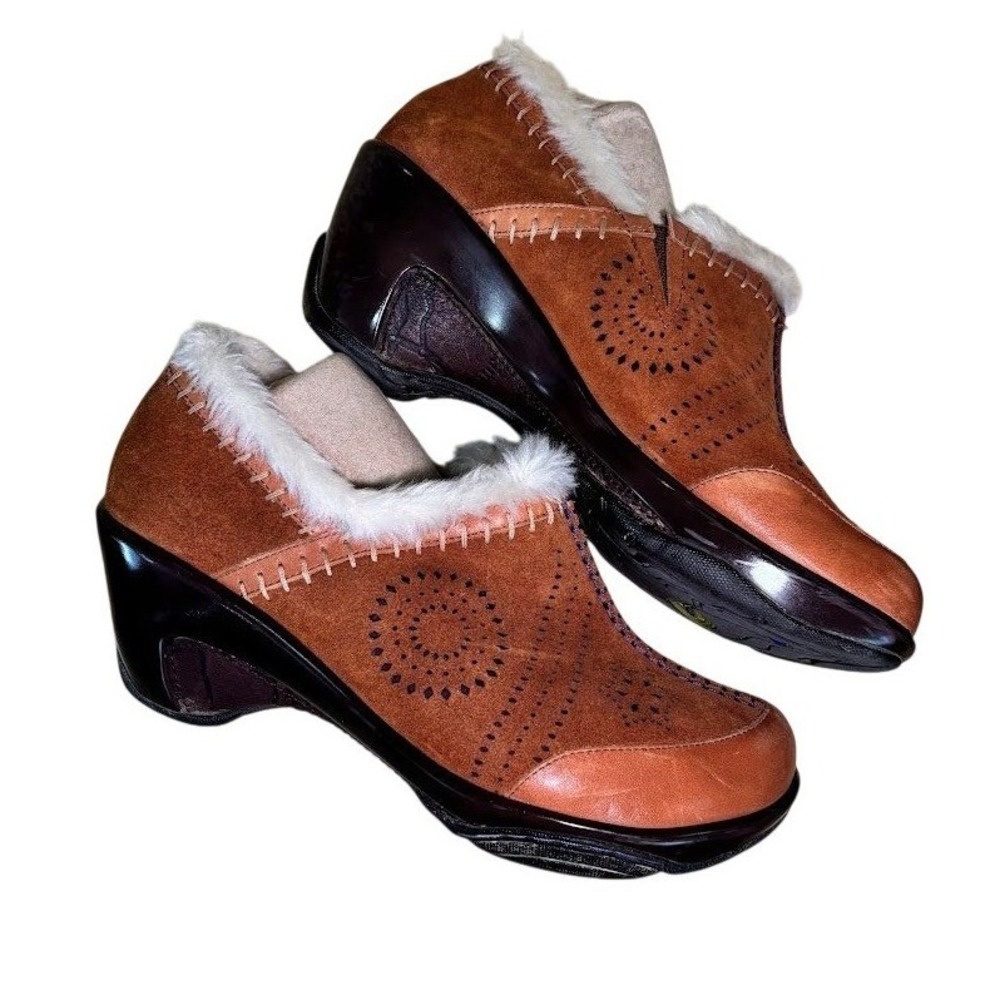 J-41 Capri Clog Wedge Women 9 Brown Leather Suede Faux Fur Boho Western Comfort - Picture 2 of 8